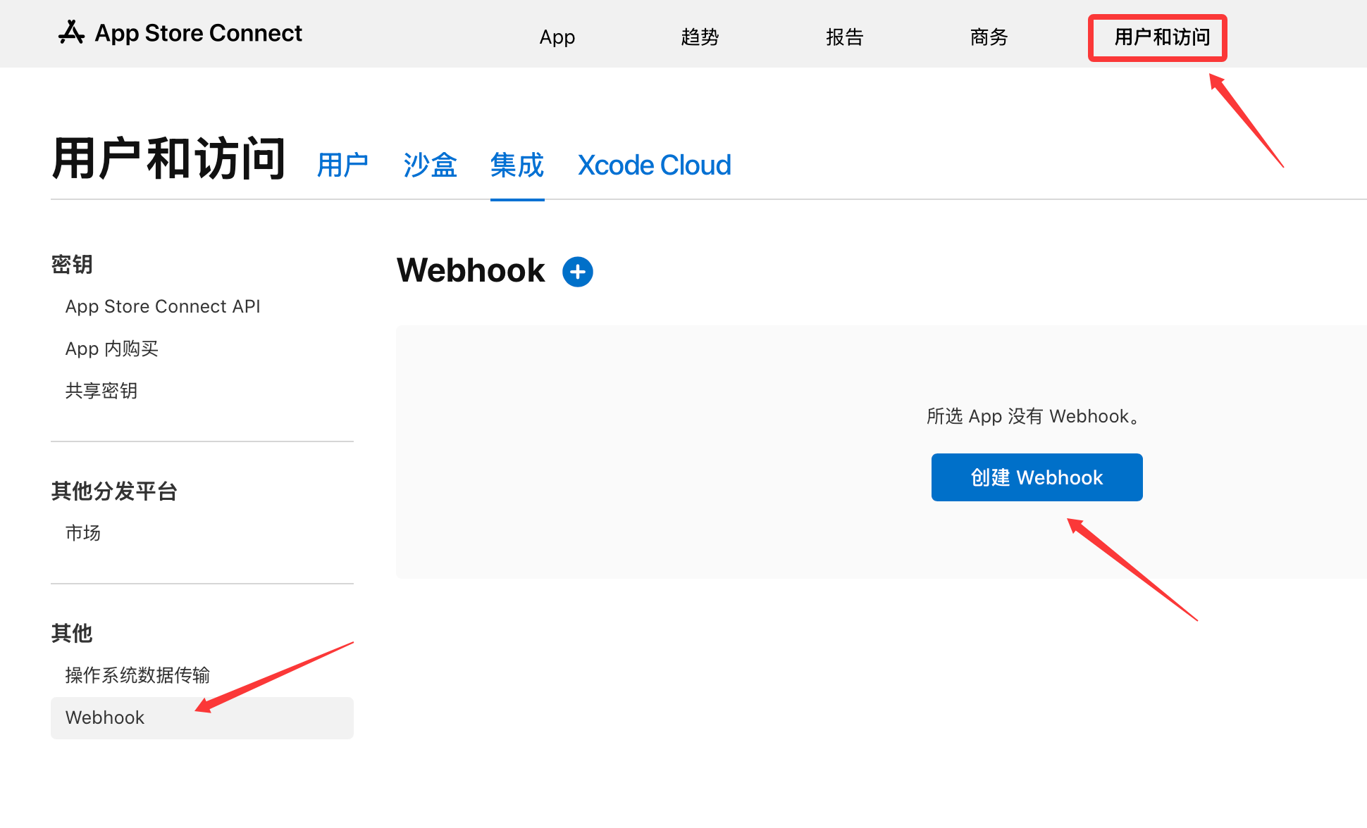 在 App Store Connect 中进入 Webhook 并创建 Webhook