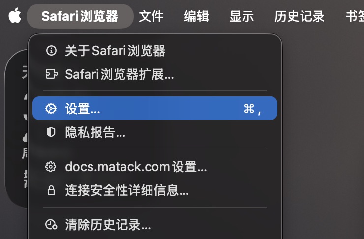在 Safari 浏览器菜单中选择“设置”